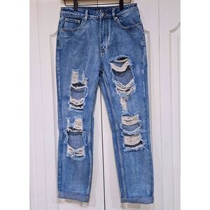 NASTY GAL Medium Light Wash Distressed Destroyed Straight Leg Jeans Size 6